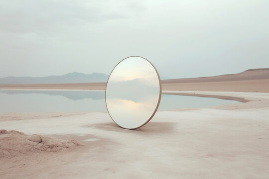 Fine-art, pop-art, nature and landscape concept. Abstract composition of round mirror standing in the middle of desert. Dramatic mood with cloudy sky background with copy space. Generative AI