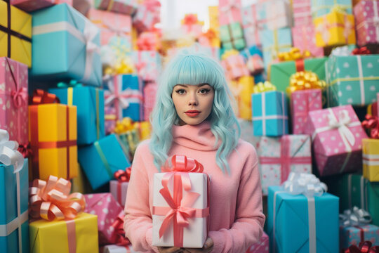 Young beautiful girl with a smile and a bunch of gifts in the background. Pastel rainbow colors. Holiday and gift giving concept. Christmas and New Year.