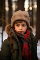 portrait of boy in hunter cap standing outdoors