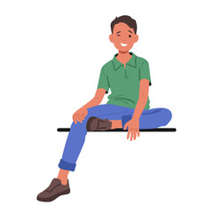 Smile Brightens The Face Of A Teenage Boy As He Sits On A Bench Or Parapet. Relaxed Posture And Joyful Expression