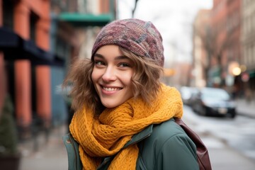 portrait of smiling mixed race woman wearing scarf in city