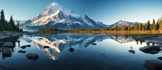 Volcanic mountain in morning light reflected in calm waters of lake