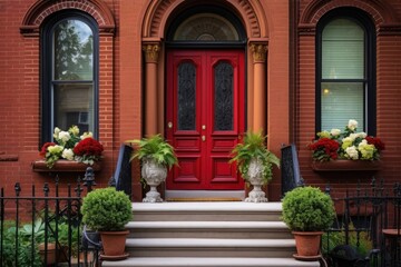 Fototapeta na wymiar red brick entryway with ornate, wrought iron door