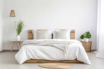 Fototapeta na wymiar simple bedroom with white linens and pillows