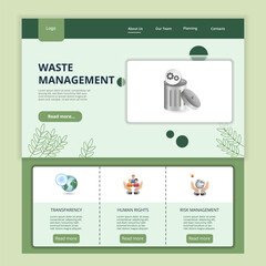 Waste management flat landing page website template. Transparency, human rights, risk management. Web banner with header, content and footer. Vector illustration.