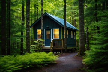 a tiny home nestled in a green forest