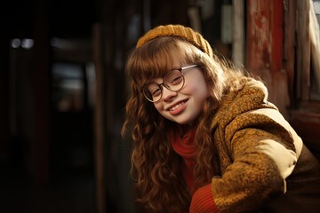 Happy young girl with down syndrome looking at camera outdoors. Generative AI.