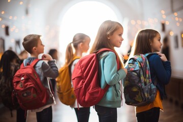 students wearing backpacks in classroom