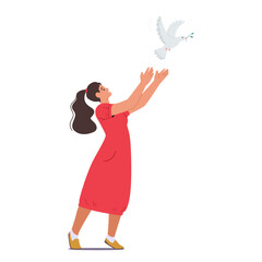 Female Character with Pigeon. Woman Gracefully Releases A White Dove, Symbolizing Hope And Peace, Vector Illustration