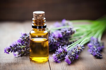 Obraz na płótnie Canvas a lavender plant with essential oil in a dropper bottle