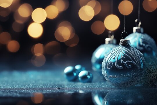 Christmas background with blue baubles on bokeh lights background. Christmas blue banner bokeh background with room for text. 