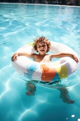 caucasian boy floating in inflatable ring in swimming pool