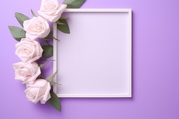 Elegant white frame with copy space decorated with beautiful white roses on pastel purple background. Anniversary, birthday, Valentine's Day. Top view, flat lay.