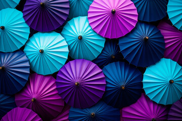 Retro colorful umbrellas from a bird's eye view. Bold shades of purple, turquoise and azure. Abstract background. - obrazy, fototapety, plakaty