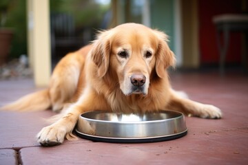 golden retriever obediently waiting for meals in a dog bowl