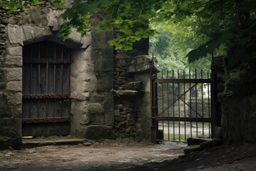 old-school iron gate against a stone wall