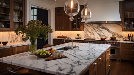 A gourmet haven with lustrous marble countertops and a professional-grade range.