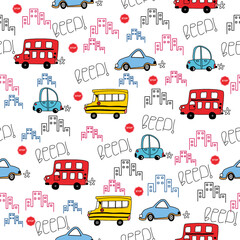car cartoon pattern design concept. car and city traffic and sign on white background.Design for kid clothing.printing ,fabric pattern
