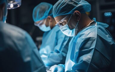 team of medical doctors performs surgical operation in modern operating room using high-tech technology. surgeons are working to save the patient in the hospital. medicine, health and science.
