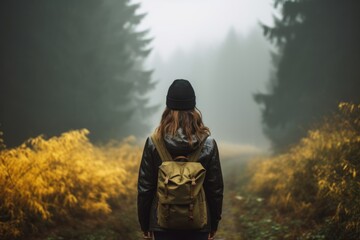 thoughtful woman standing by forest in foggy weather