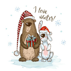 A Christmas card with a cheerful bunny and a teddy bear with gifts. Vector.
