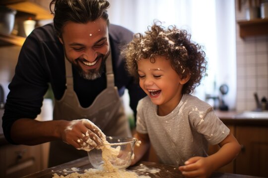 playful father and son baking in kitchen