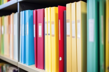 organized binders on a library shelf