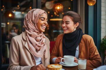 young muslim friends laughing over coffee - obrazy, fototapety, plakaty