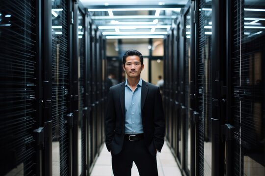 asian businessman standing in empty server room
