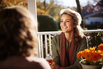 senior woman and adult daughter chatting and drinking coffee on porch