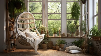 Create a reading haven with a swing chair and hanging plants in a cozy corner.