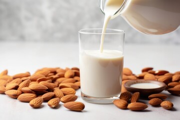 almond milk captured in mid-pour, with spilled almonds around - obrazy, fototapety, plakaty