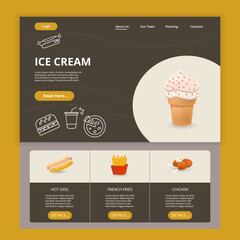 Ice cream flat landing page website template. Hot dog, french fries, chicken. Web banner with header, content and footer. Vector illustration.