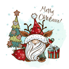 Cute Christmas gnome with gifts in Doodle style. Greeting card. Vector.