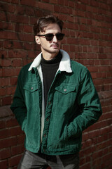 model in corduroy jacket