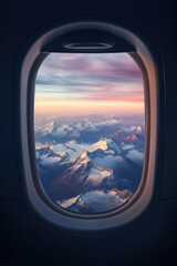 View from the airplane illuminator, mountains covered with snow