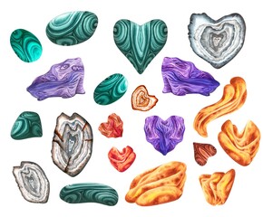 Watercolor heart shaped purple charoite, green malachite, grey agate, orange amber for horoscope, sacred health, alchemy, magic, Halloween
