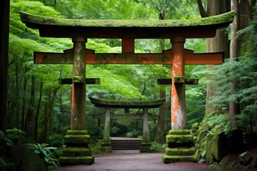 Deurstickers a shinto shrine gate torii in a lush forest © altitudevisual