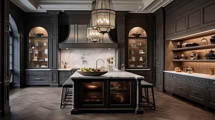 A lavish kitchen featuring a hidden pantry and sophisticated light fixtures.