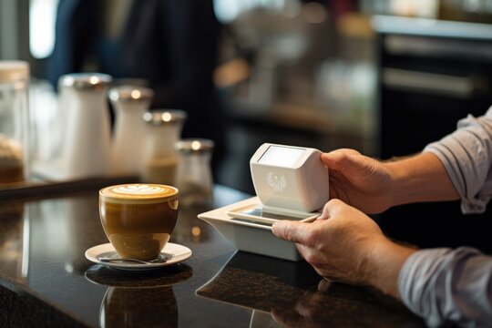 customer paying for coffee in coffee shop, mid section