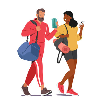 Man And A Woman Visit A Gym, Having The Opportunity To Work Out, Engage In Fitness Activities, Vector Illustration