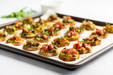 a tray of freshly made avocado bruschettas on a white surface