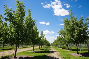 Fototapeta na wymiar laden fruit trees under the open sky in campus orchard