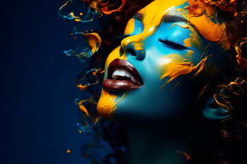 Beautiful young girl with a smile covered with paint. Bold colors. Creativity, muse, art.