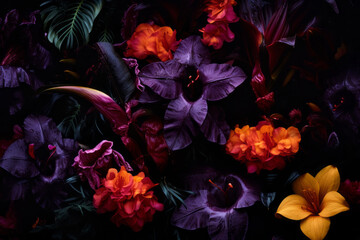 Obraz na płótnie Canvas Beautiful floral composition in dark bold colors. The concept of colorful nature, beauty and fashion.