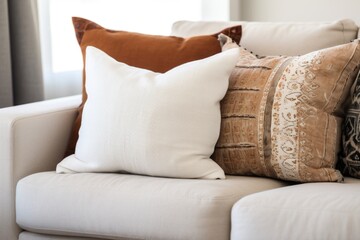 decorative handmade pillows on a neutral-toned couch