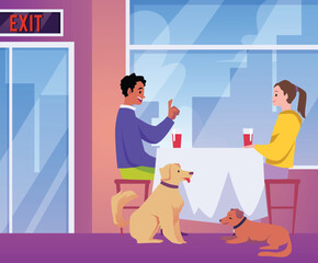 Couple dating in Dog friendly restaurant together, flat vector illustration.