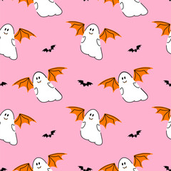 Seamless pattern with cute ghosts. Halloween spooky spirit in costume vampire with bats. Vector illustration on a pink background. For fabric, t-shirt print, wallpaper, packaging