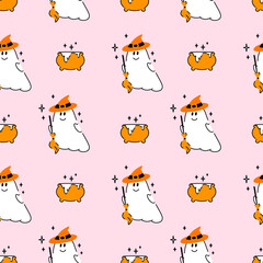 Seamless pattern with cute ghosts. Halloween spooky spirit in costume witch with cauldron and broom . Vector illustration on a pink background. For fabric, t-shirt print, wallpaper, packaging