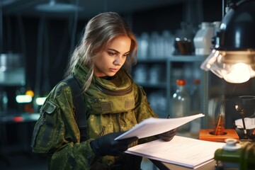 young woman in hazmat suit explaining something in secret document to mature military man looking through description of experiment - obrazy, fototapety, plakaty